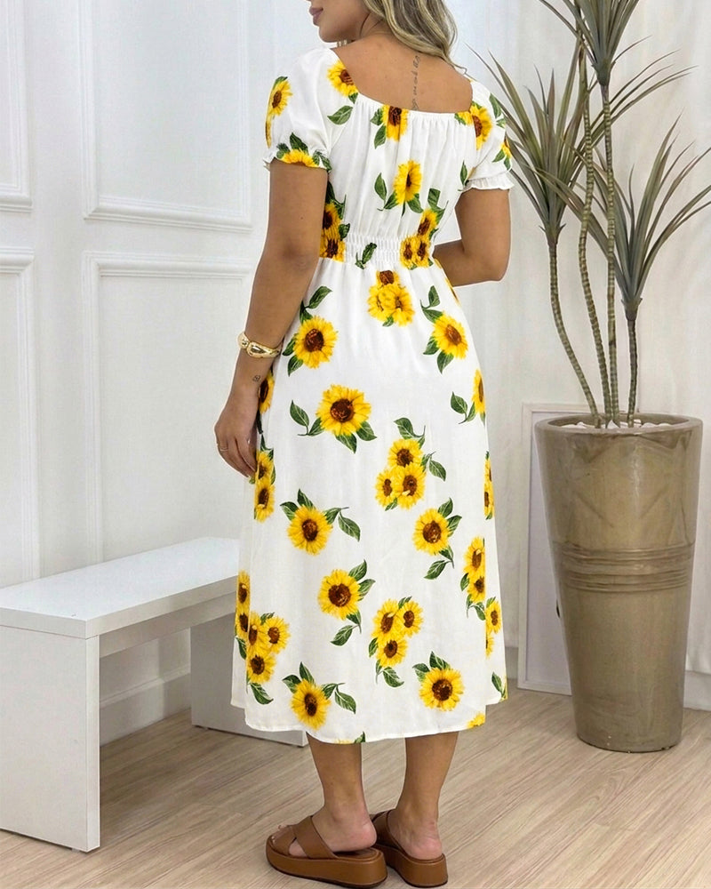Women's Sunflower Print Midi Dress Puff Sleeve Tie Neck Sundress Shirred Back Slit A-Line Vacation Dress with Lining - Image 3