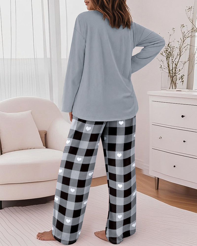 Women's 2 Piece Pajama Set Letter Print Long Sleeve Top and Plaid Heart Wide Leg Pants Casual Lounge Set - Image 2