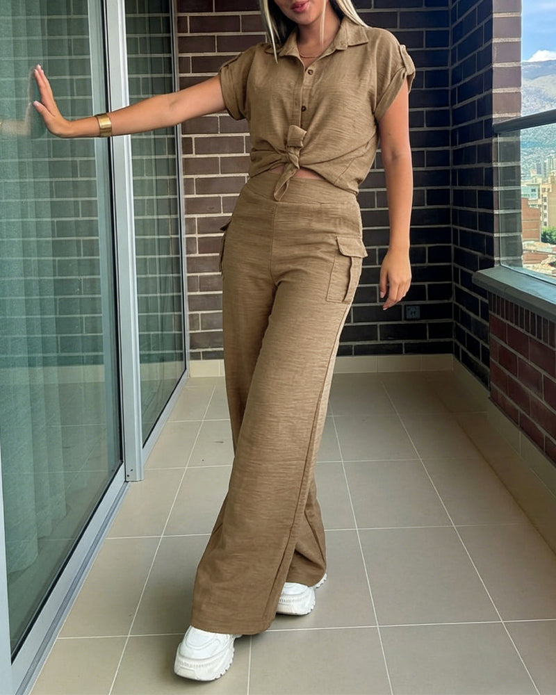 Women's 2 Piece Set Roll Up Sleeve Button Down Shirt and High Waist Wide Leg Pants - Image 3