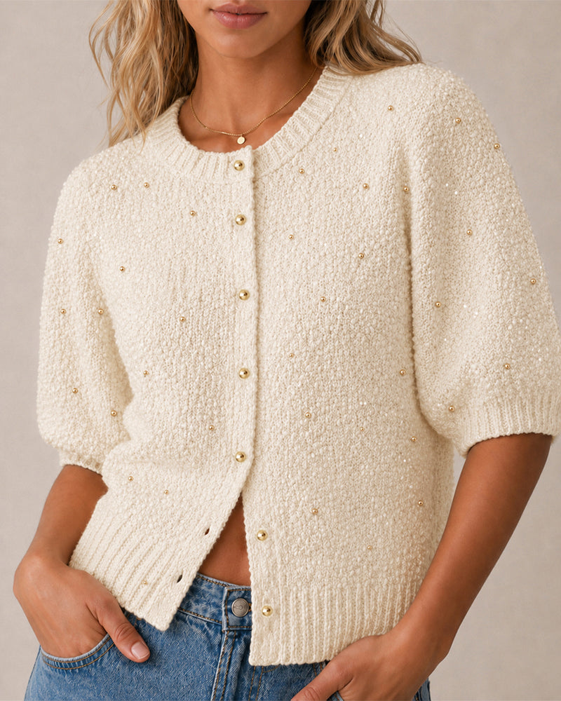 Women's Boucle Knit Cardigan Gold Beaded Puff Sleeve Sweater Crewneck Button Up Elegant Crop Outerwear - Image 5