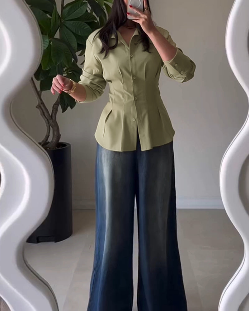 Turn-down Collar Long Sleeve Button Front Blouse Casual Back Criss Cross Tied Detail Fishtail Shirt - Image 7