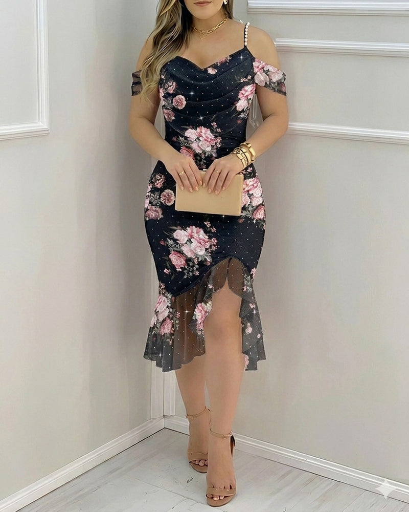 Women's Floral Mesh Slit Dress Rhinestone Pearls Decor Straps Cold Shoulder Ruffle Hem Dress Sexy Bodycon Party Dress - Image 3