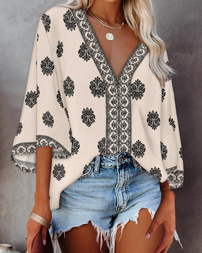 Floral Print V Neck Long Sleeve Blouse Casual Loose Fit Top - Image 16