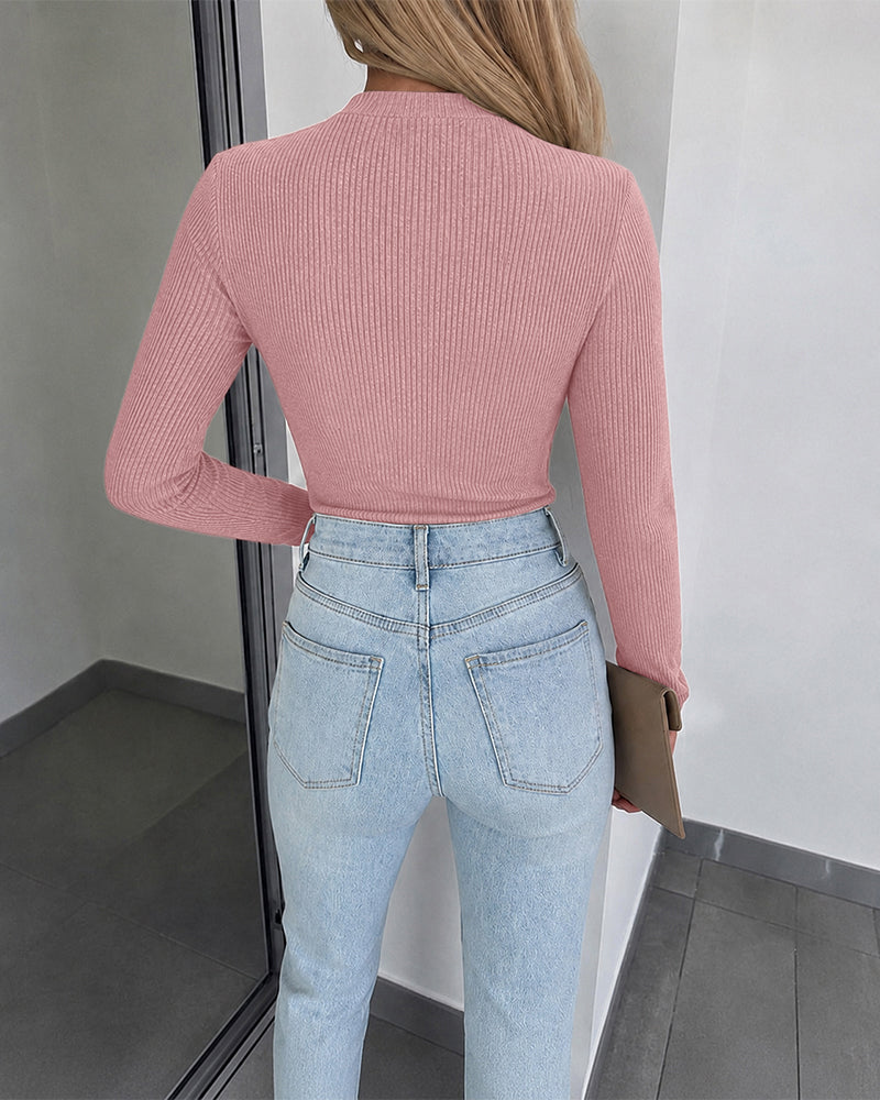 Women's Overlap V Neck Long Sleeve Ribbed Knit Top Rhinestone Side Button Ruched Slim Fit Asymmetric Hem Sweater - Image 13