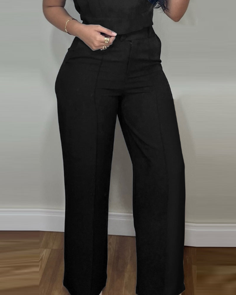 2 Pieces Outfit 3D Cutting Decor Design Cap Sleeve Hollow-out Back Crop Top and Casual Zipper Fly Seam Front Straight Pants Set - Image 6