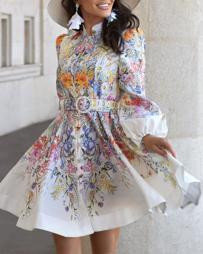 French Style Floral Print Stand Collar Lantern Sleeve Mixed-shape Button Down Dress Elegant Palace Style Cinched Waist Umbrella Hem Dress with Belt - Image 5