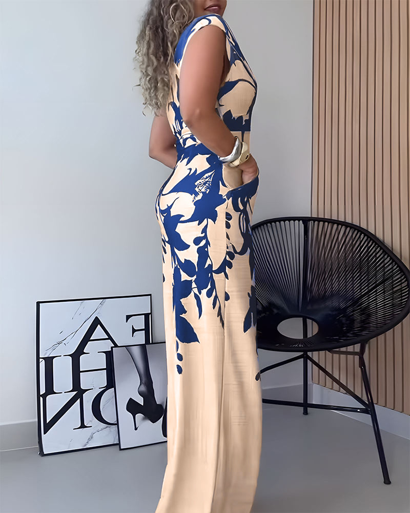 Floral Print Off Shoulder Sleeveless Deep V-Neck Jumpsuit Casual Zipper Side Wide Leg Jumpsuit - Image 10