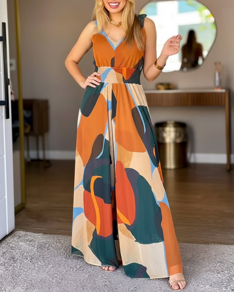Abstract Print V-Neck Stretchy Thick Straps High Waist Backless Overalls Casual Shirred Waist Cinched Waist Wide Leg Jumpsuit - Image 3