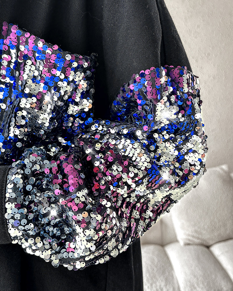 Colorblock Sequin Patchwork Long Sleeve Jacket Top Button Front Raw Hem Shacket - Image 11