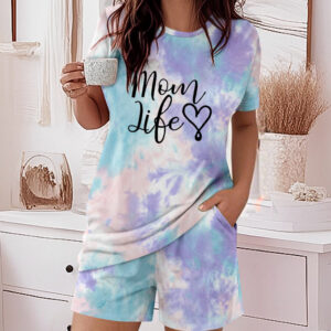 2 Pieces Outfit Letter Print Short Sleeve Top and Elastic Waist Shorts Set Casual Tie Dye Print Pajamas Set with Pockets For Mother's Day