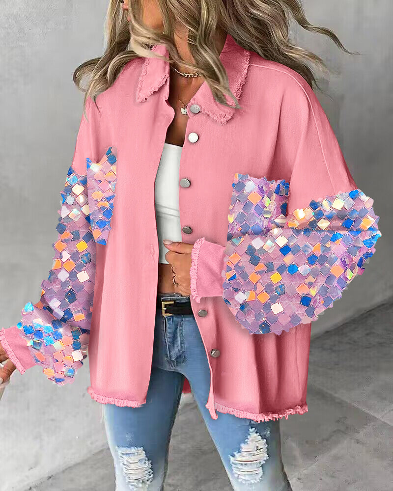 Contrast Sequin Long Sleeve Jacket Top Button Front Raw Hem Loose Fit Shacket - Image 4
