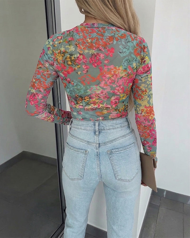Women's Floral Print Sheer Mesh Top Long Sleeve Slim Fit Crewneck Layering Top with Thumb Hole Cuffs - Image 2