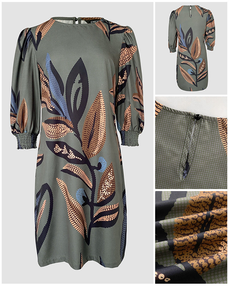 Plants Print Round Neck Half Sleeve Midi Dress - Image 3