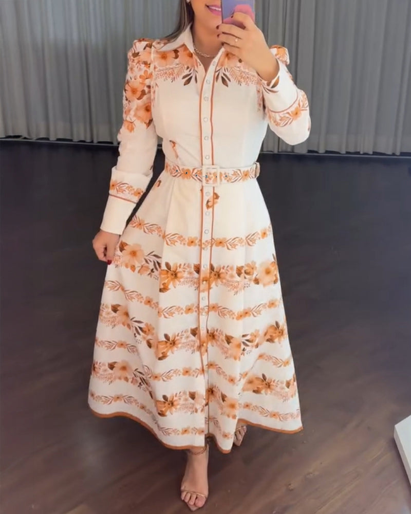 Floral Placement Print Turn-down Collar Puff Sleeve Vacation Dress Casual Button Down Shirt Dress With Belt and Lining - Image 7
