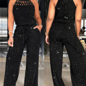Women's Glitter Halter Tie Jumpsuit Casual Hollow Out Wide Leg Overalls Sparkling Drawstring Waist Jumpsuit with Pockets