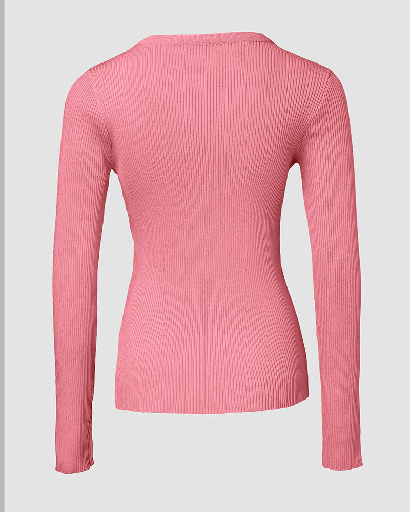 Crewneck Half Zipper Flap Detail Knit Sweater Long Sleeve Slim Fit Ribbed Pullover Top - Image 15