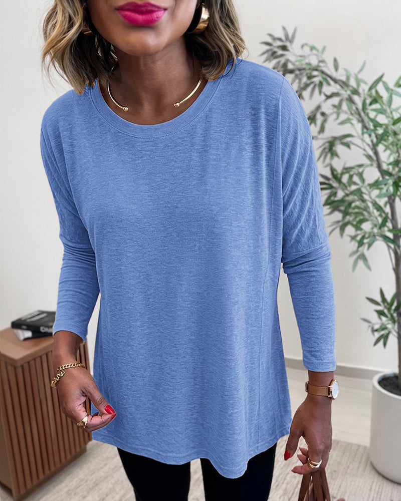 Women's Asymmetric Hem Long Sleeve Top Loose Fit Dropped Shoulder Crewneck Soft Slouchy Casual Tee - Image 25