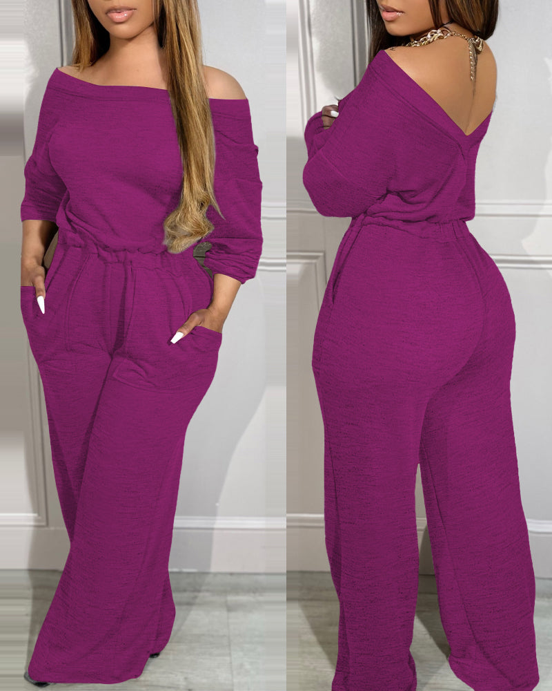 Off Shoulder V Back Elastic Waist Pockets Design Jumpsuit Casual Drop Shoulder Cinched Waist Wide Leg Jumpsuit - Image 7