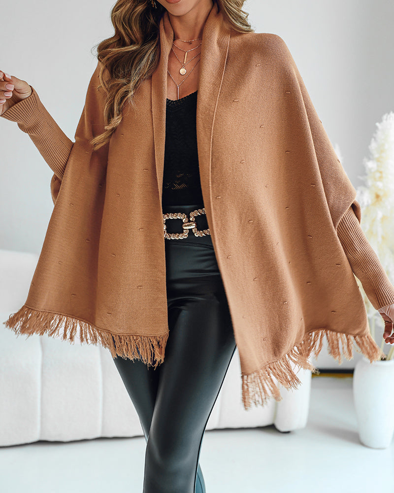 Tassel Design Long Sleeve Slit Cardigan Fashion Versatile Warm Cape Shawl - Image 4