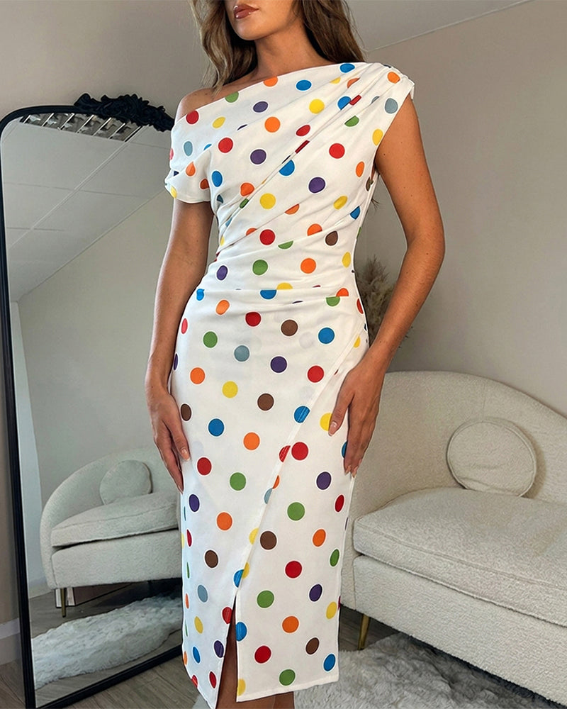 Women's Skew Neck Midi Dress Colorful Polka Dot Ruched Bodycon Dress Elegant Slit French Style Wrap Vacation Dress - Image 6