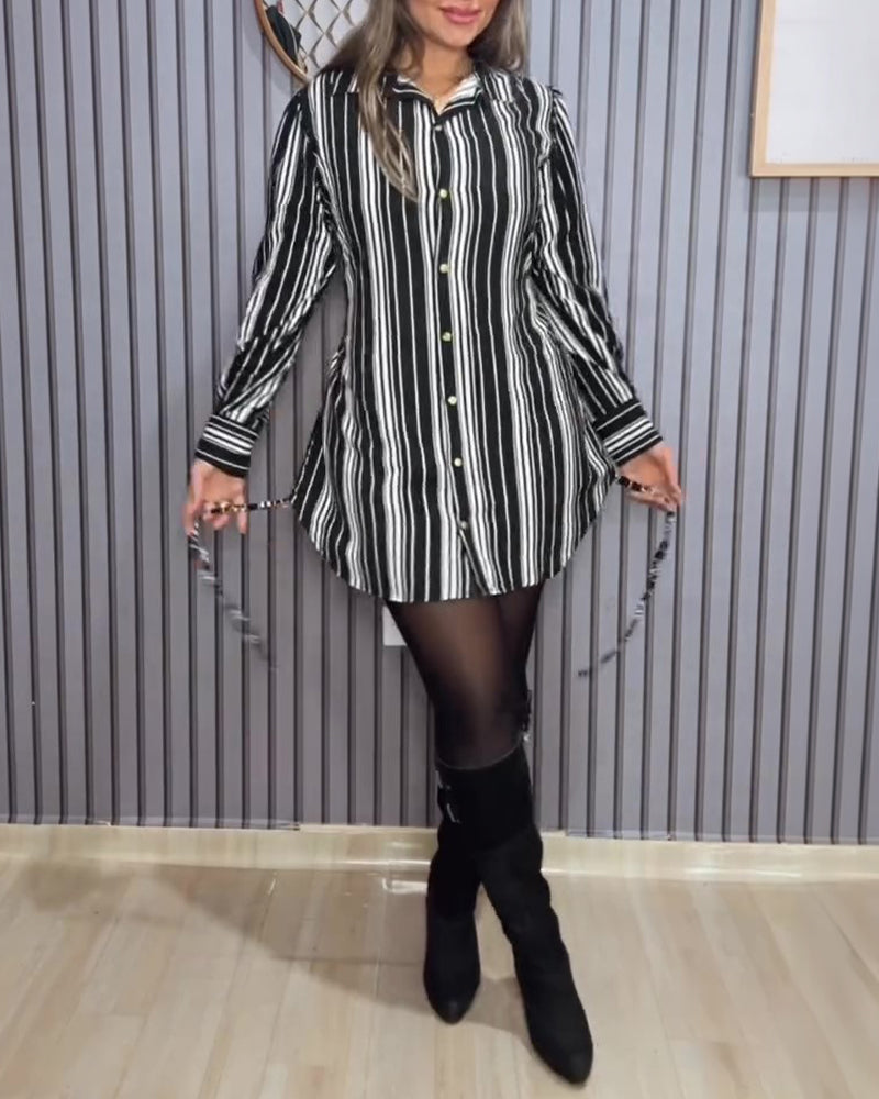 Women's Striped Shirt Dress Button Down Long Sleeve Shirred Waist Casual Dress - Image 8
