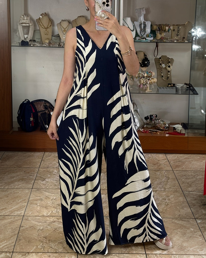 Tropical Plants Print V-Neck Sleeveless Zipper Back Overalls Casual Ruched Wide Leg Loose Fit Jumpsuit - Image 3