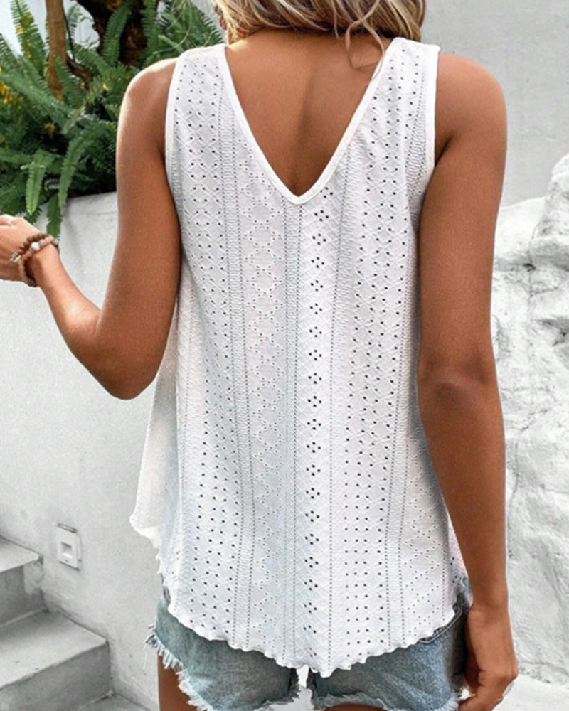 Women's V Neck Tank Top Eyelet Embroidery Sleeveless Tee Frill Hem Backless Contrast Patchwork Summer Top - Image 2