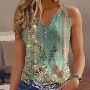 CHICME Women's Casual Floral Print Tank Top Sleeveless Notch Neck Vest with Rhinestone Accents