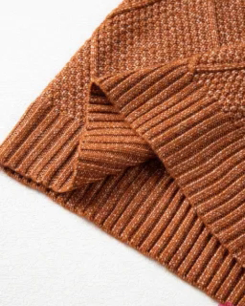 Round Neck Long Sleeve Drop Shoulder Pullover Sweater Casual Loose Fit Cable Knit Mid Length Sweater - Image 21