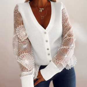 Women's Mesh Long Sleeve Cardigan Embroidered V Neck Knit Sweater Rhinestone Button Ribbed Slim Fit Casual Coat