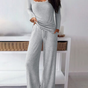 Women's Ribbed Knit Lounge Set Lace Trim Square Neck Long Sleeve Top and Straight Leg Drawstring Pants with Pockets