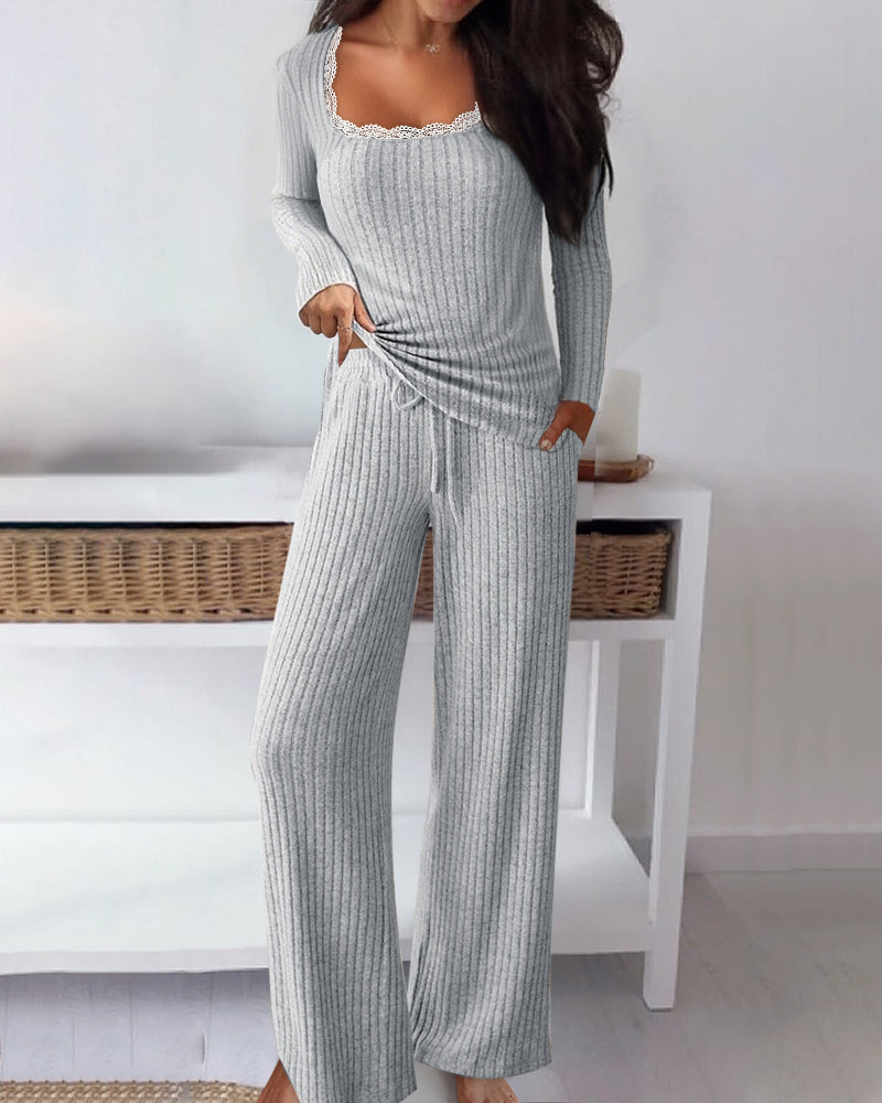 Women's Ribbed Knit Lounge Set Lace Trim Square Neck Long Sleeve Top and Straight Leg Drawstring Pants with Pockets