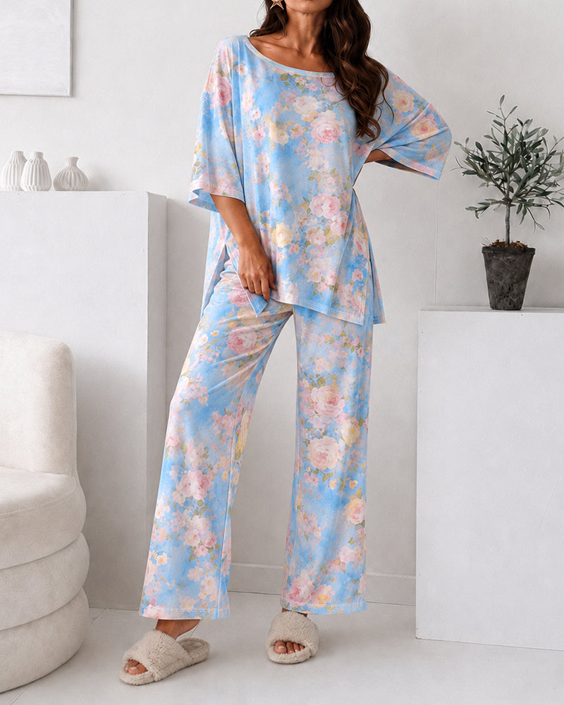 Women's 2 Piece Floral Print Pajama Set Half Sleeve Side Slit Top and Straight Leg Pants Casual Loungewear - Image 5