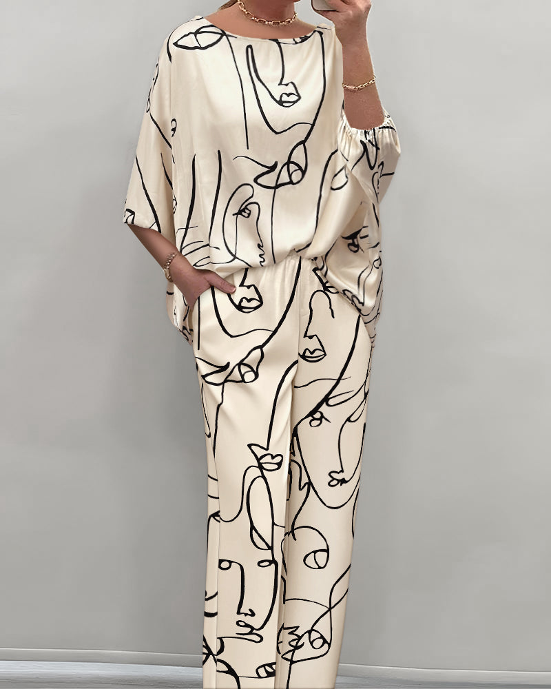 Women's Abstract Face Print Two Piece Outfits Boat Neck Batwing Sleeve Top and High Waisted Wide Leg Pants Set with Pockets - Image 2