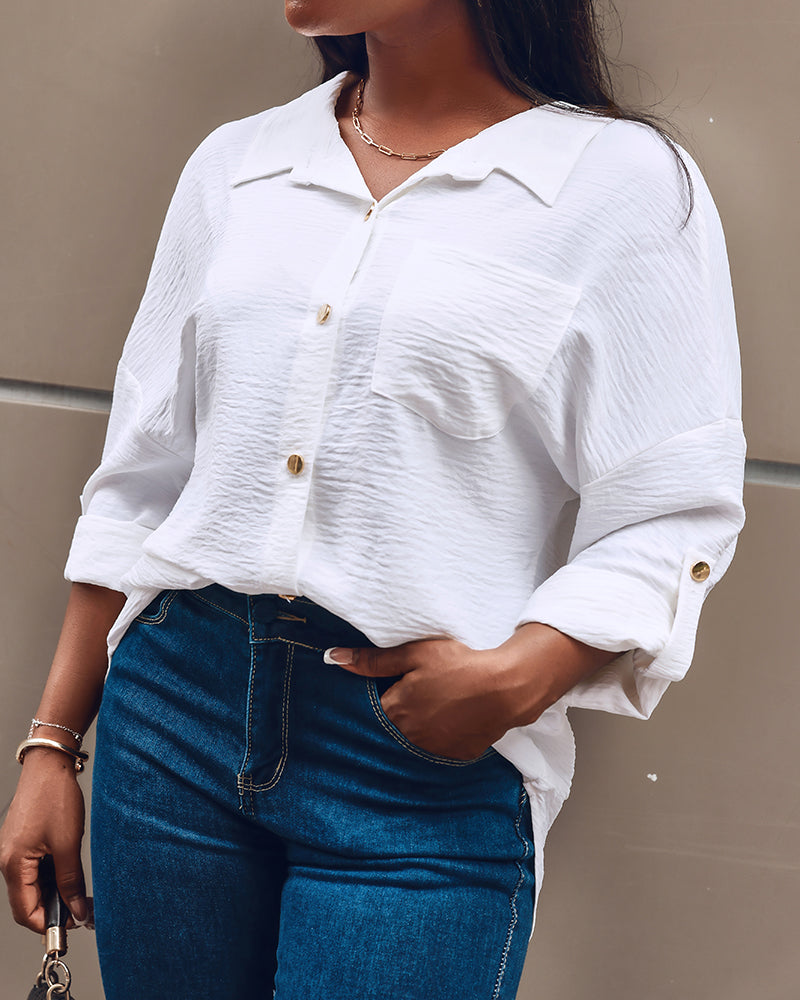 Metal Chain Decor Turn-down Collar Turn-Up Sleeves Front Button Shirt Casual Backless Asymmetrical Hem Top - Image 4