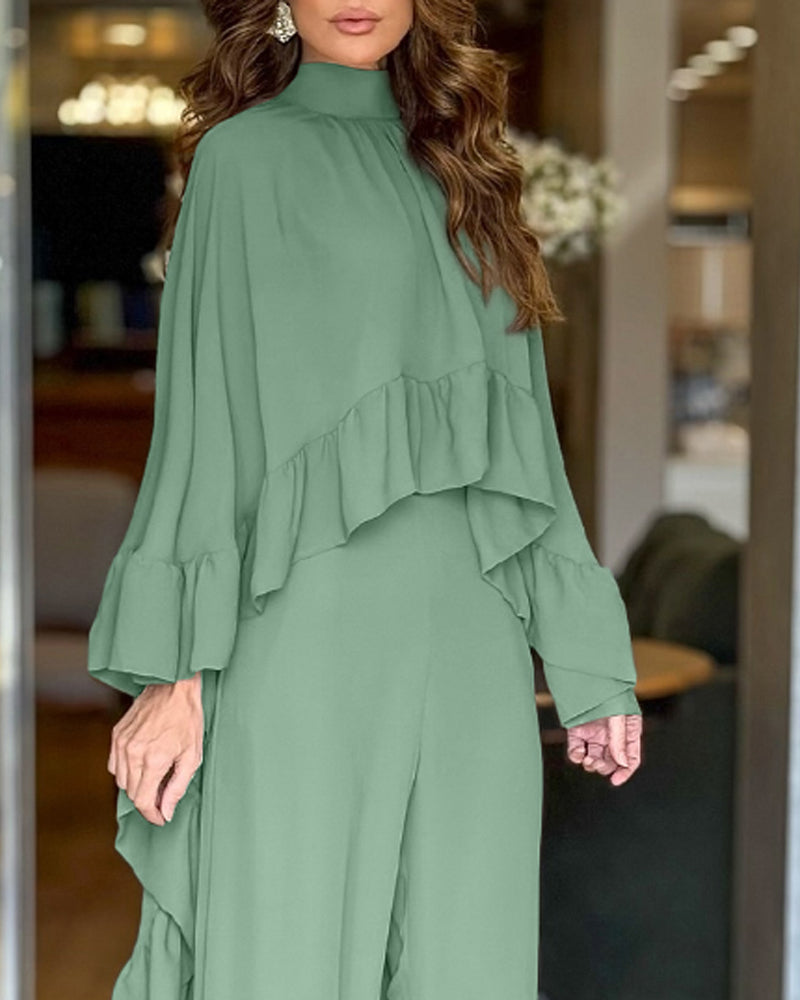 2 Pieces Outfit High Neck Hollow-out Back Ruffles High-Low Hem Cape and Casual Elastic Back Waist Wide Leg Pants Set - Image 9