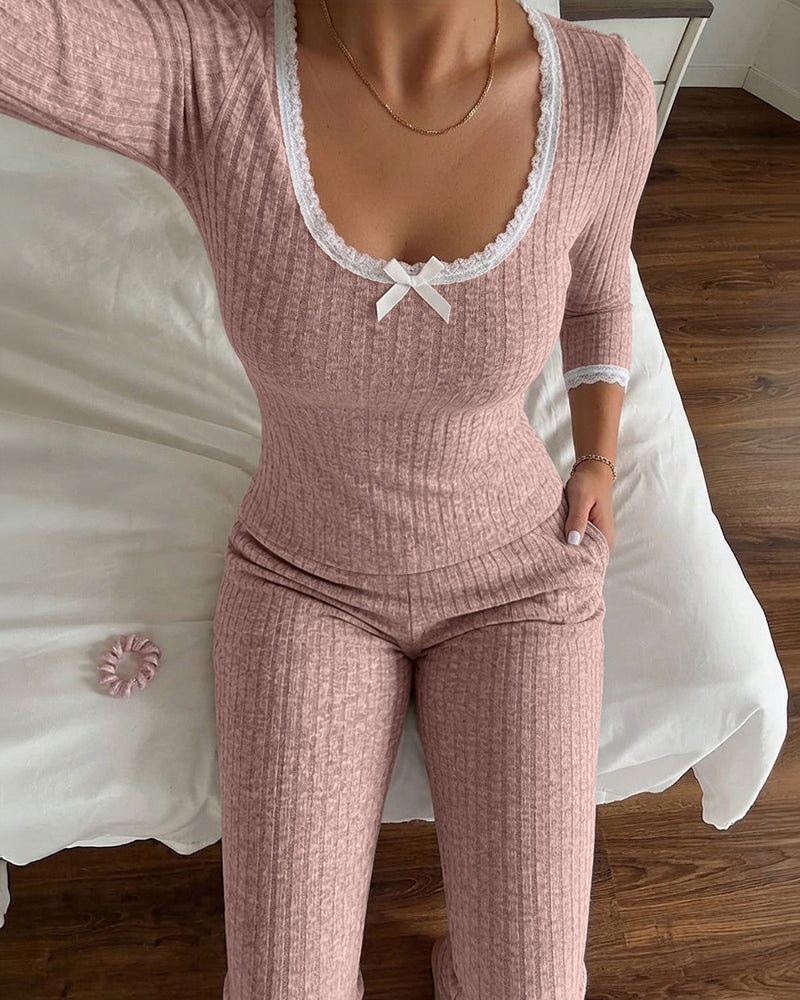 Women's 2 Piece Ribbed Lounge Sets Lace Trim Long Sleeve Top and High Waisted Pants Pajamas Sets with Pockets - Image 15