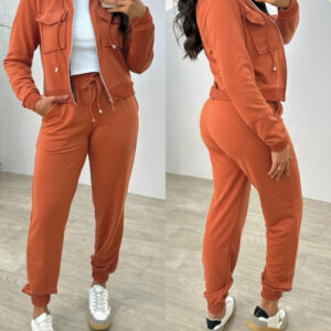 Stand Collar Long Sleeve Pocket Dec Zipper Top and Casual Elastic Waist Drawstring Pants Sets
