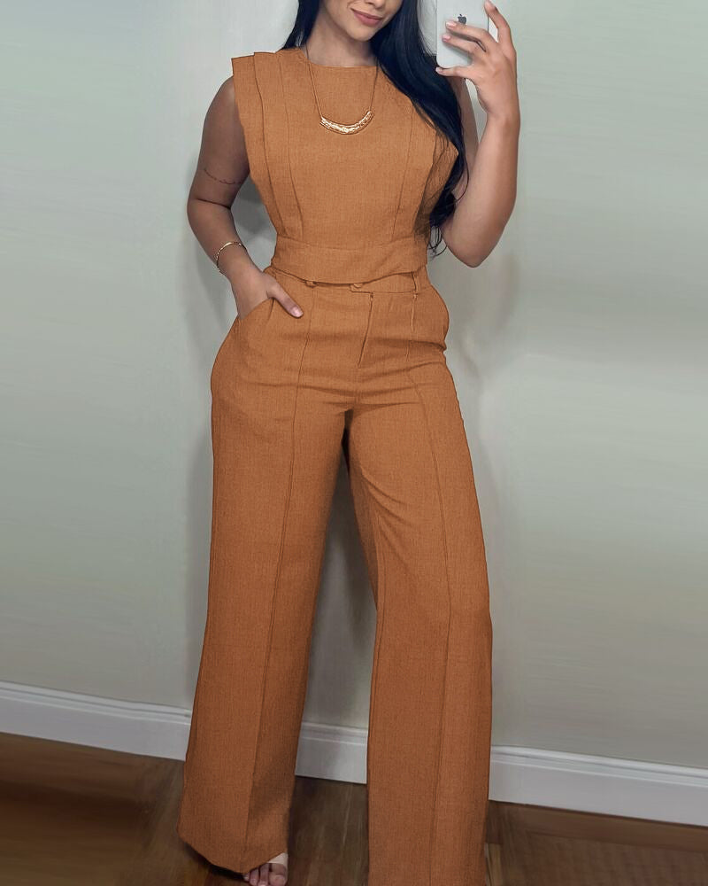 2 Pieces Outfit 3D Cutting Decor Design Cap Sleeve Hollow-out Back Crop Top and Casual Zipper Fly Seam Front Straight Pants Set - Image 3