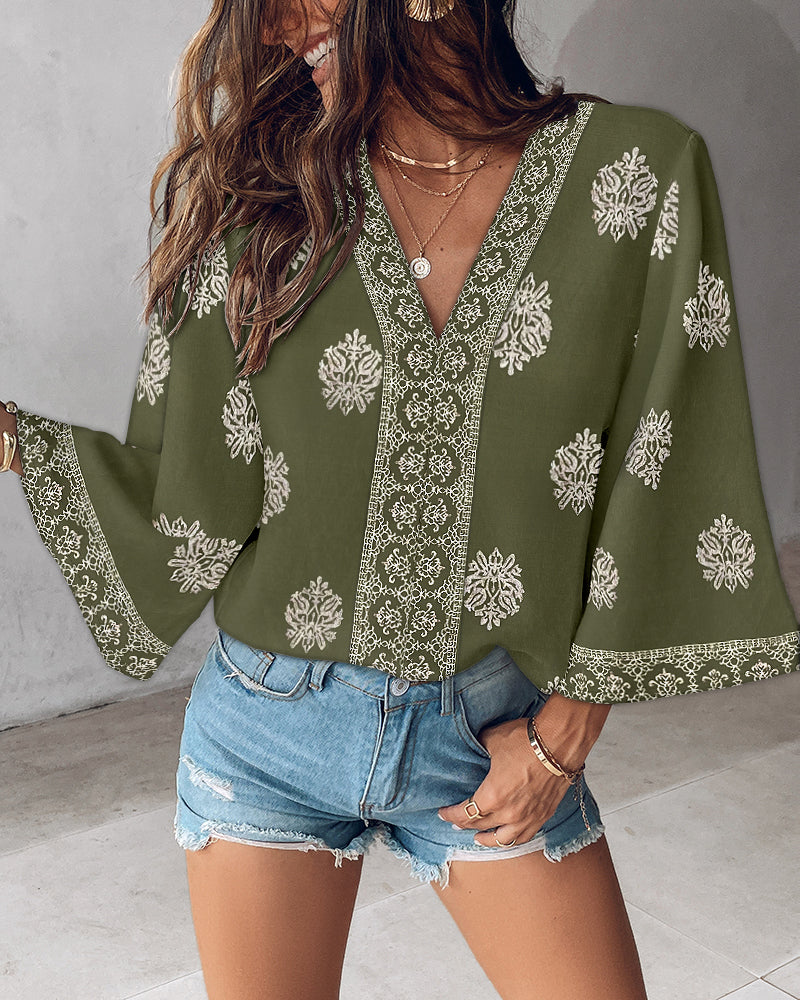Floral Print V Neck Long Sleeve Blouse Casual Loose Fit Top - Image 5