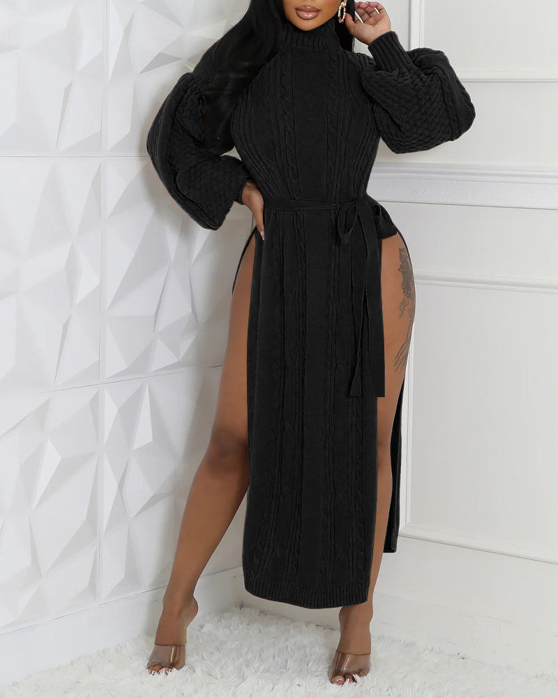 Cable Textured High Neck Lantern Sleeve Bow Tie Waist Sweater Casual High Slit Knit Longline Top - Image 13