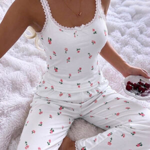 Women's Ditsy Floral Print 2 Piece Pajamas Set Lace Cami Top and Pants Casual Loungewear Bowknot Sleepwear