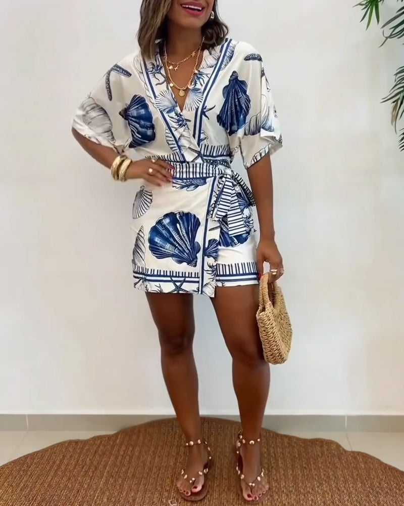 Starfish & Seashell Print Overlap V Neck Half Sleeve Wrap Knot Side Romper Casual Stretchy Back Waist Vacation Romper - Image 4