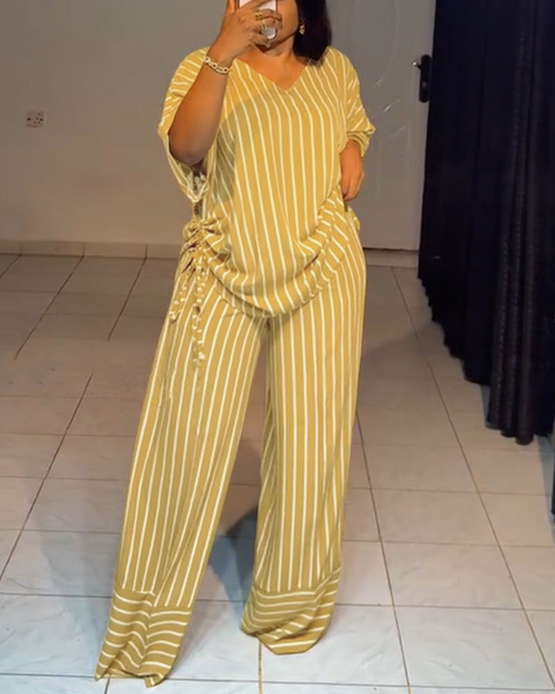 Women's Striped 2 Piece Outfits V Neck Short Sleeve Drawstring Top and Wide Leg Pants Set with Pockets - Image 4