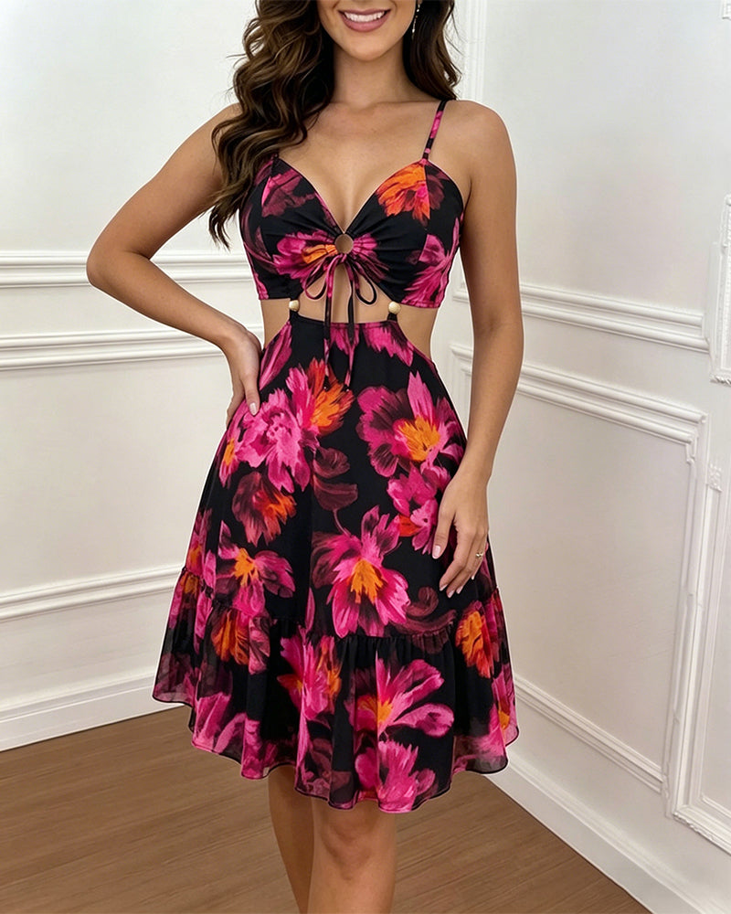 Women's Vintage Floral Print Mini Dress Sexy Sweetheart Neck Cut Out Sundress Backless Ruched A-Line Vacation Dress - Image 2