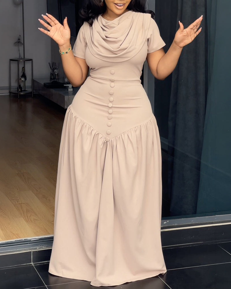 Single Breasted Decor Cowl Neck Short Sleeve Cinched Waist Maxi Dress Elegant Zipper Back Ruched Party Dress - Image 4