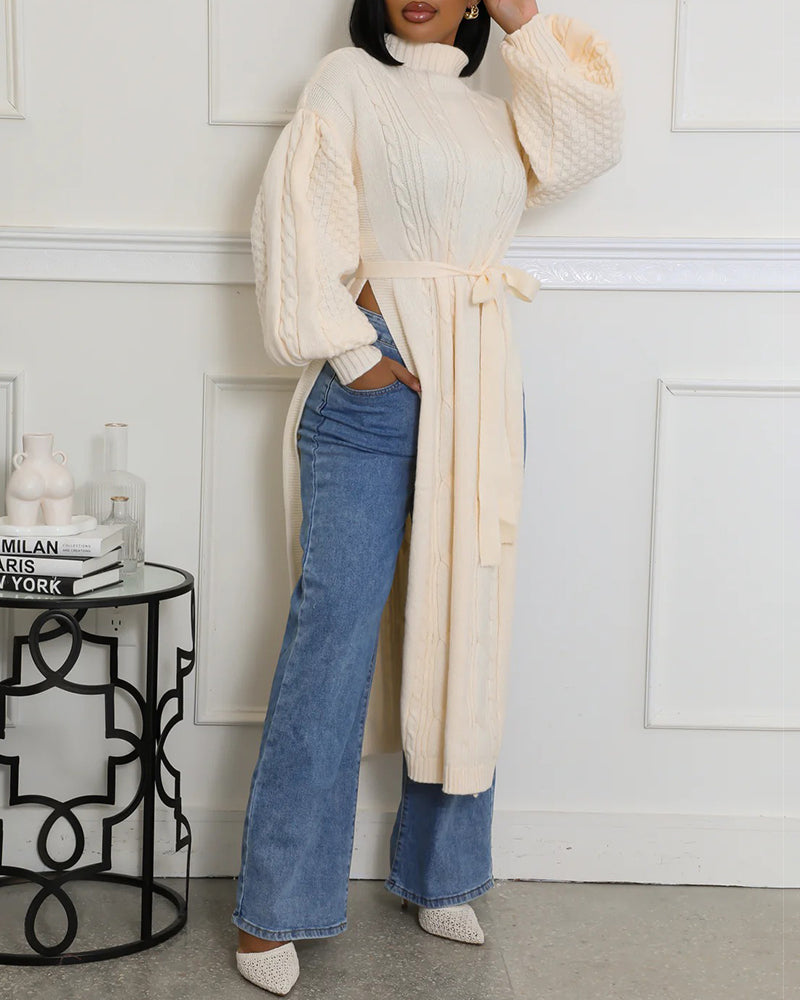 Cable Textured High Neck Lantern Sleeve Bow Tie Waist Sweater Casual High Slit Knit Longline Top - Image 17