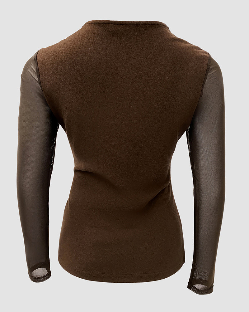 Sheer Mesh Spliced Long Sleeve Slim Fit Sexy Top - Image 4
