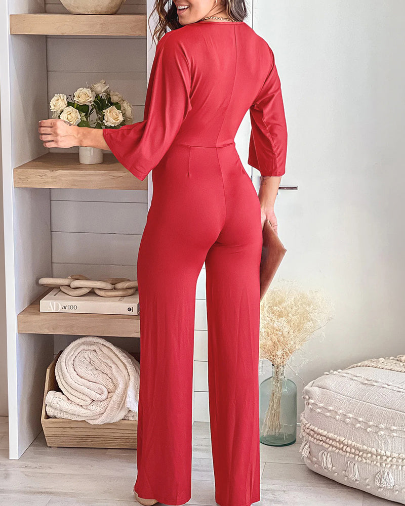 Women's Deep V Neck Twist Front Jumpsuit Three Quarters Sleeve Straight Leg Overalls - Image 2