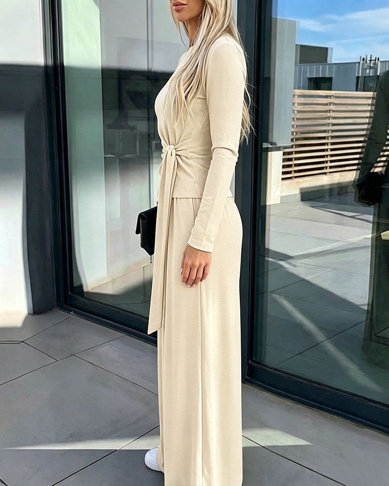 Women's 2 Piece Knit Lounge Set Long Sleeve Tie Waist Top and High Waisted Wide Leg Pants Casual Soft Sweatsuit with Pockets - Image 24